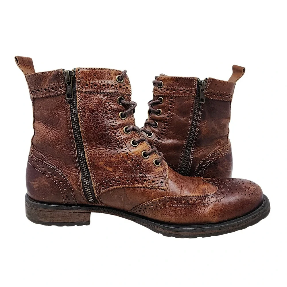 Aston Grey Wingtip Combat Boots 9 Mens Brown Leather Oxford Zip Up Distressed